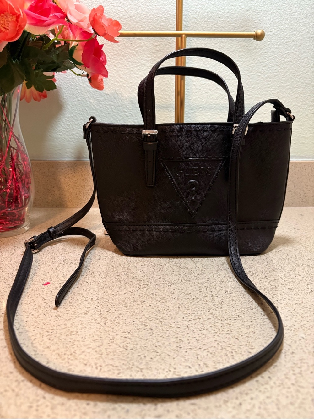 GUESS Black Saffiano Logo Mini Crossbody Tote